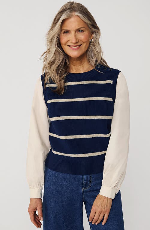 Lands' End Drifter Shaker Button Shoulder Sweater Vest With Poplin Sleeves In Deep Sea Navy/champagne Stripe