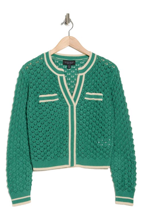 Laundry By Shelli Segal Crochet Stitch Knit V-neck Sweater In Green