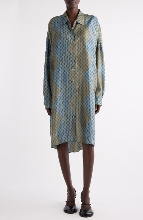 Dindia Print Long Sleeve Belted Silk Satin Shirtdress
