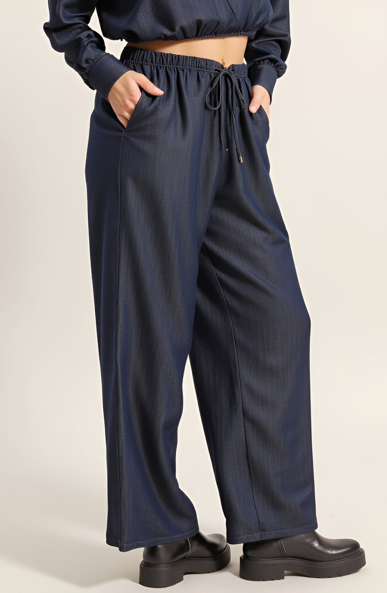 Modenaire Relaxed Drawstring Wide-Leg Collared Lounge Set, Alternate, color, Dark Blue