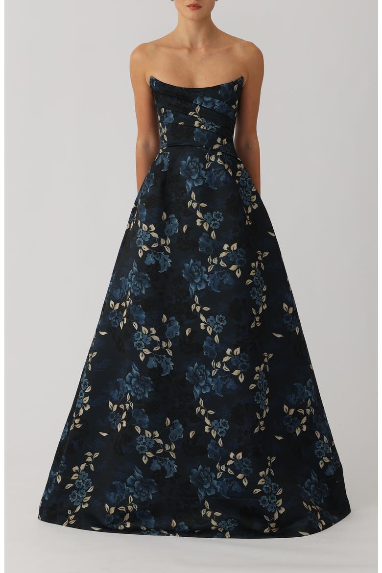 Anika Pleated Strapless Satin Ballgown, Main, color, MIDNIGHT BLUE