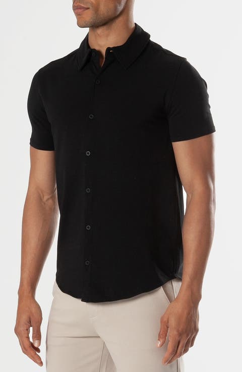 Short Sleeve Stretch Cotton Knit Button-Down Shirt
