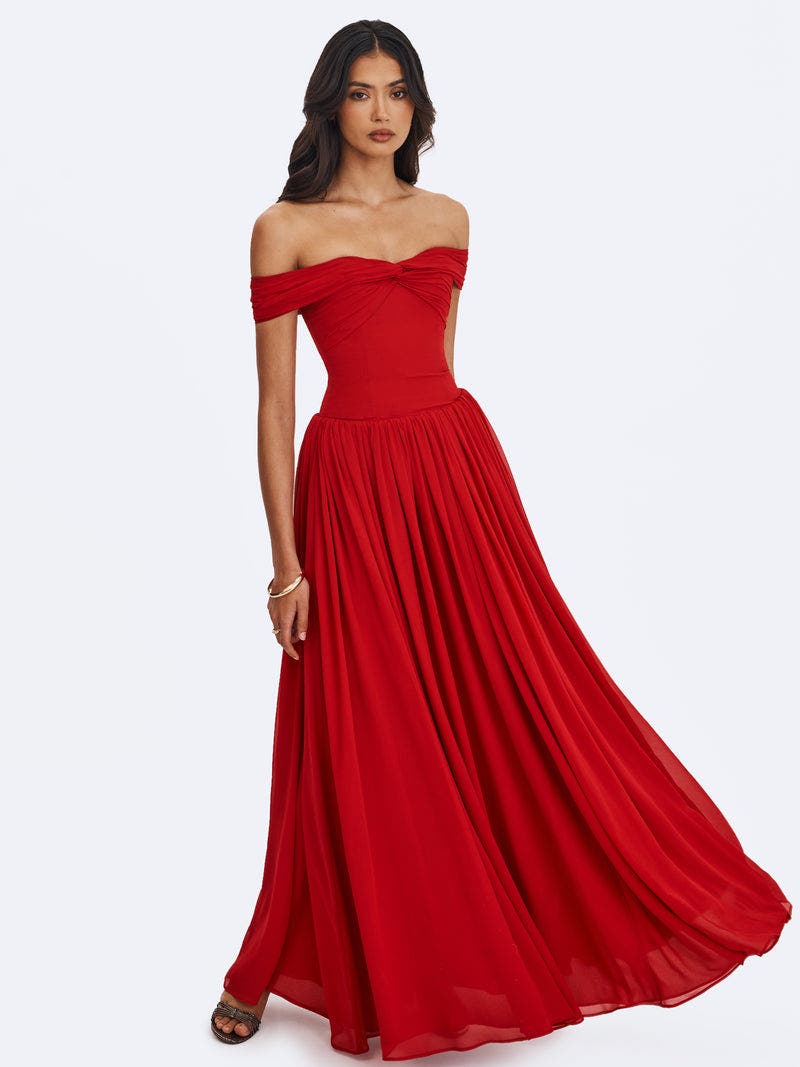 Miss Circle Tereza Georgette Bardot High-Slit Maxi Dress (Women ...