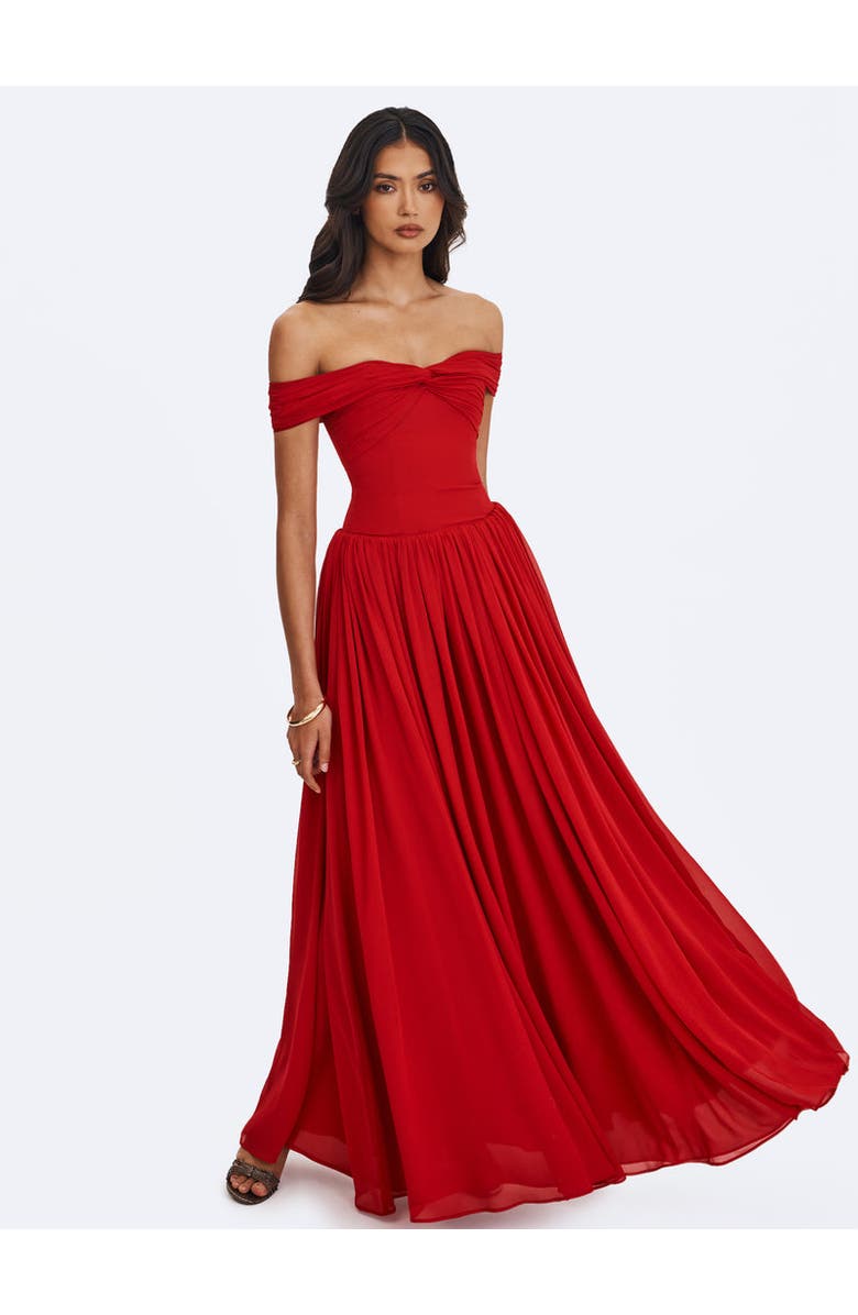 Miss Circle Tereza Georgette Bardot High-Slit Maxi Dress, Alternate, color, Red