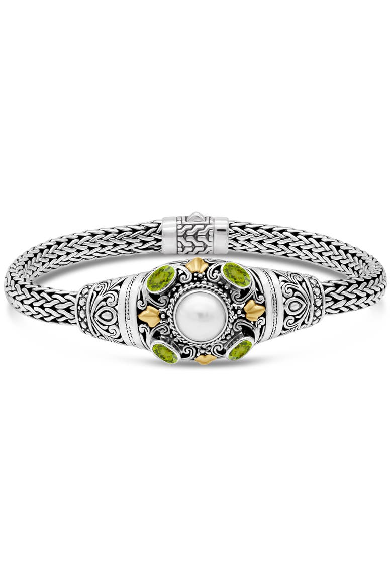 Peridot, Freshwater Cultured Pearl and Filigree with Dragon Bone Chain Bracelet in Sterling Silver and 18K Gold Accents, Main, color, Silver