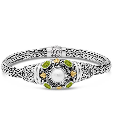 Peridot, Freshwater Cultured Pearl and Filigree with Dragon Bone Chain Bracelet in Sterling Silver and 18K Gold Accents