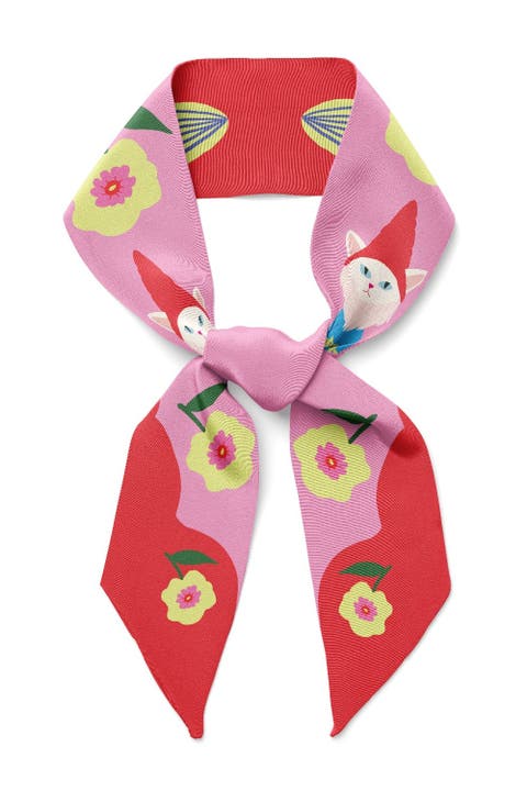 Cat Garden Gnome Twilly Ribbon Scarf