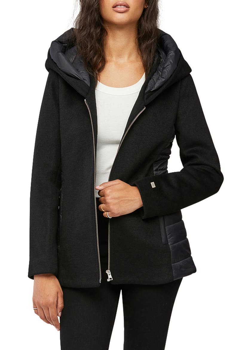 Viviana Mix Media Hooded Wool Blend Jacket, Main, color, BLACK