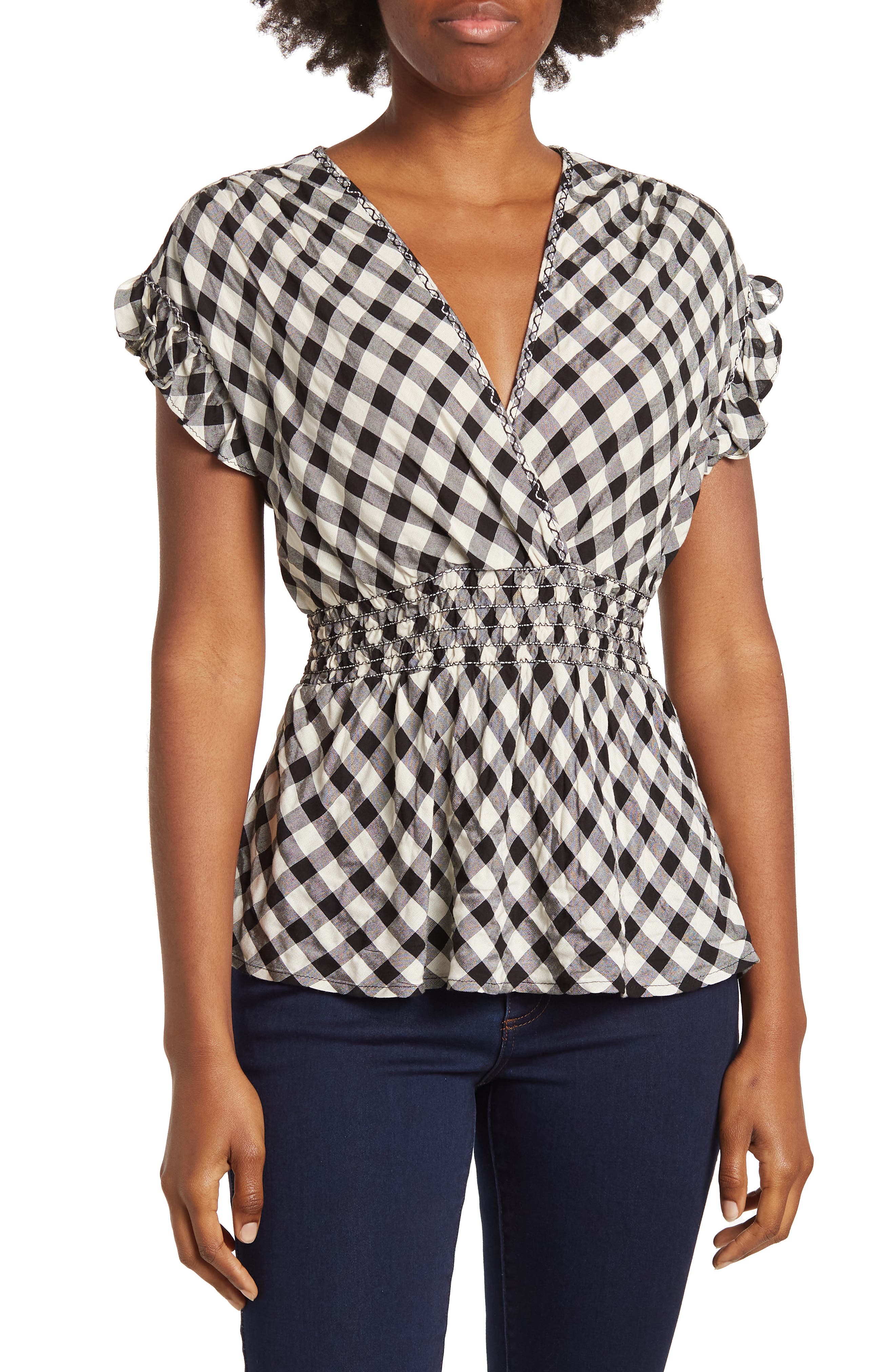 MAX STUDIO Gingham Smocked Waist Flutter Blouse