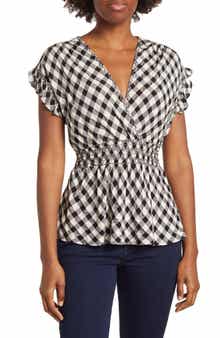 MAX STUDIO Gingham Smocked Waist Flutter Blouse