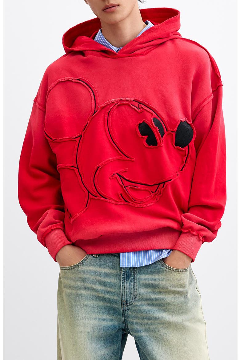 Mickey Mouse Embroidered Cotton Hoodie, Main, color, BRIGHT RED