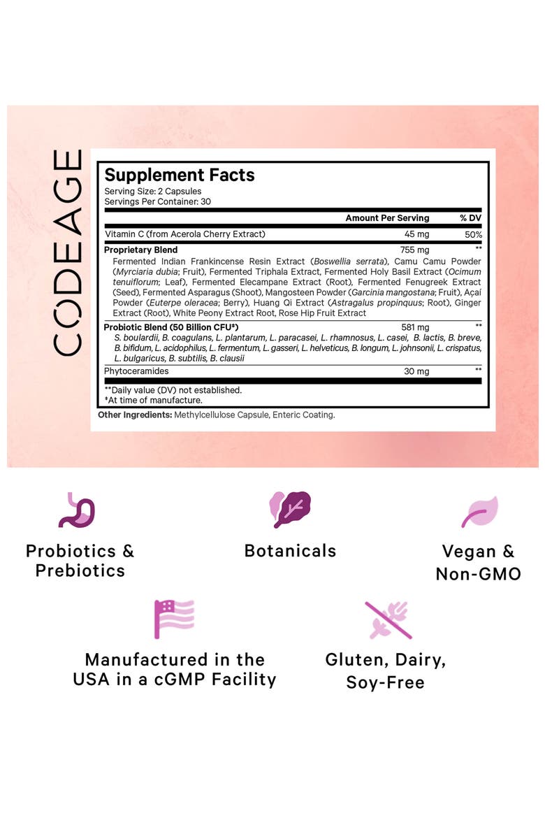 Skin Probiotics 50 Billion CFU + Prebiotics Supplement, Alternate, color, White