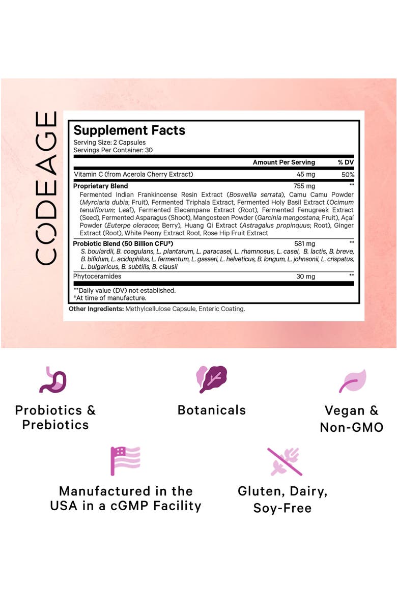 Codeage Skin Probiotics 50 Billion CFU + Prebiotics Supplement, Alternate, color, White