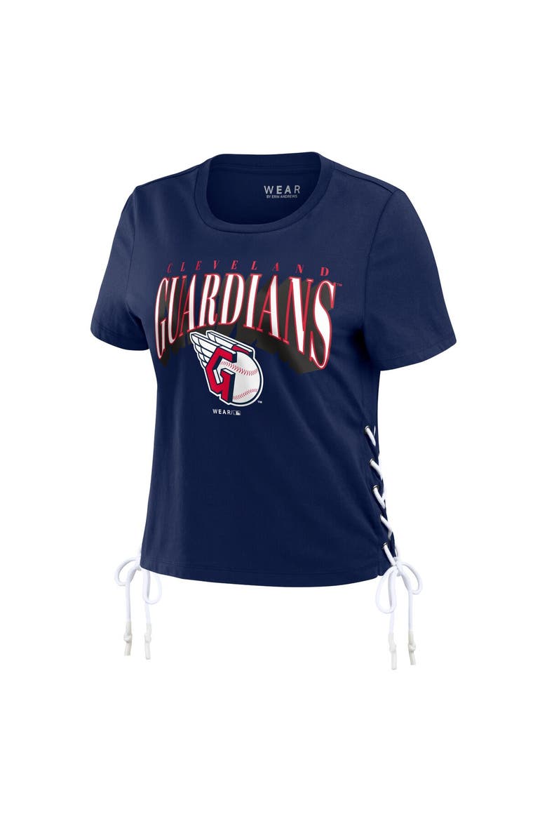 Women's WEAR by Erin Andrews Navy Cleveland Guardians Side Lace-Up Cropped T-Shirt, Alternate, color, Navy