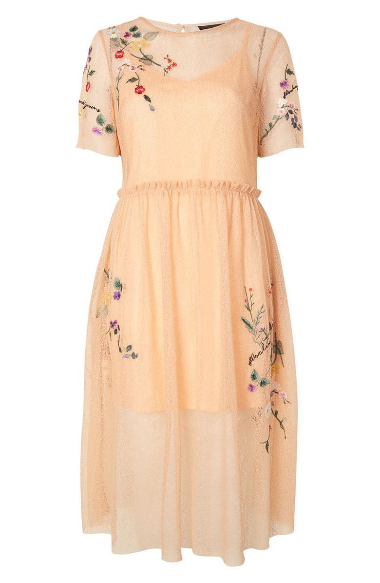 Topshop Embroidered Mesh Midi Dress, Alternate, color, Peach