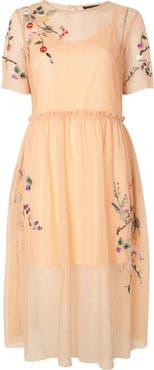 Topshop Embroidered Mesh Midi Dress