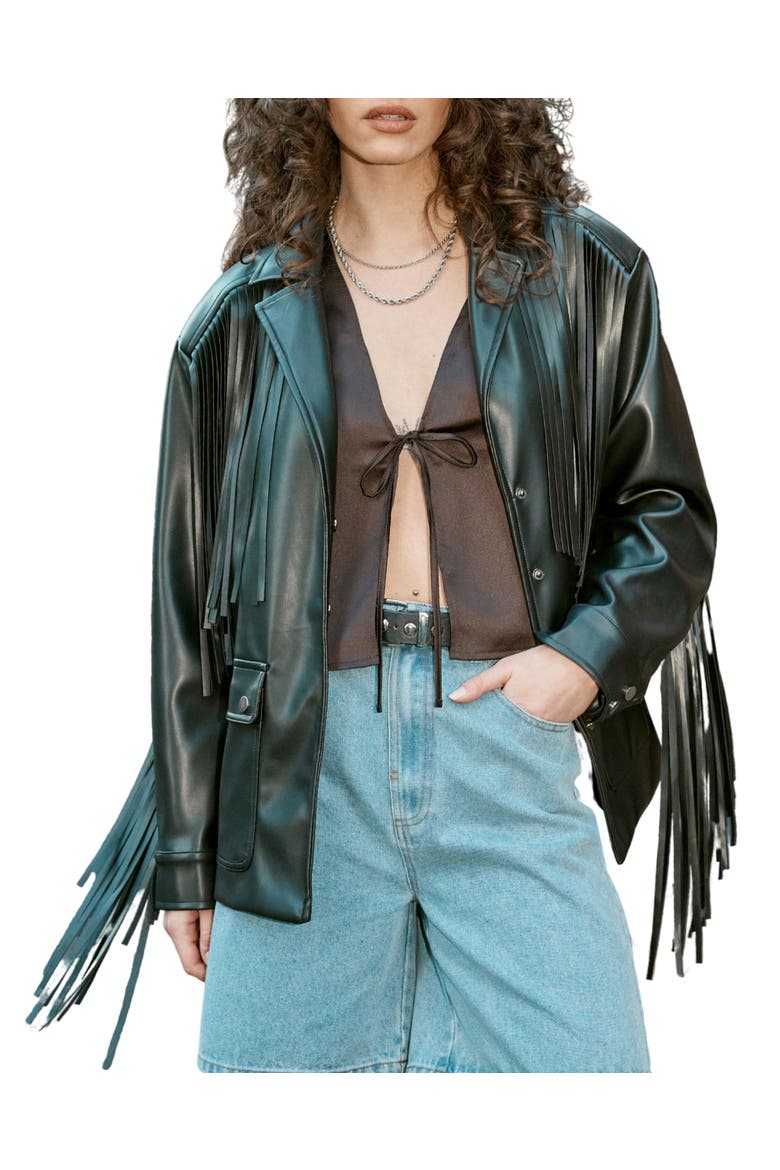 Fringe Faux Leather Belted Jacket, Alternate, color, Black