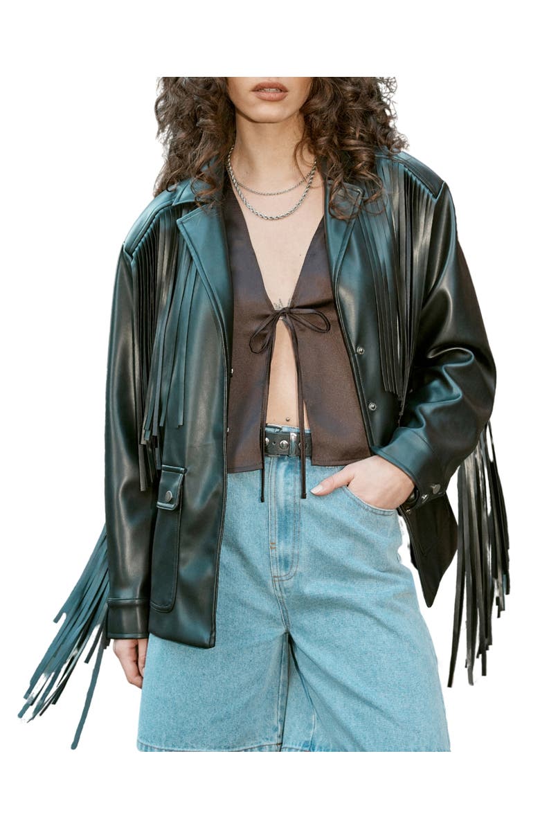 NASTY GAL Fringe Faux Leather Belted Jacket, Alternate, color, Black