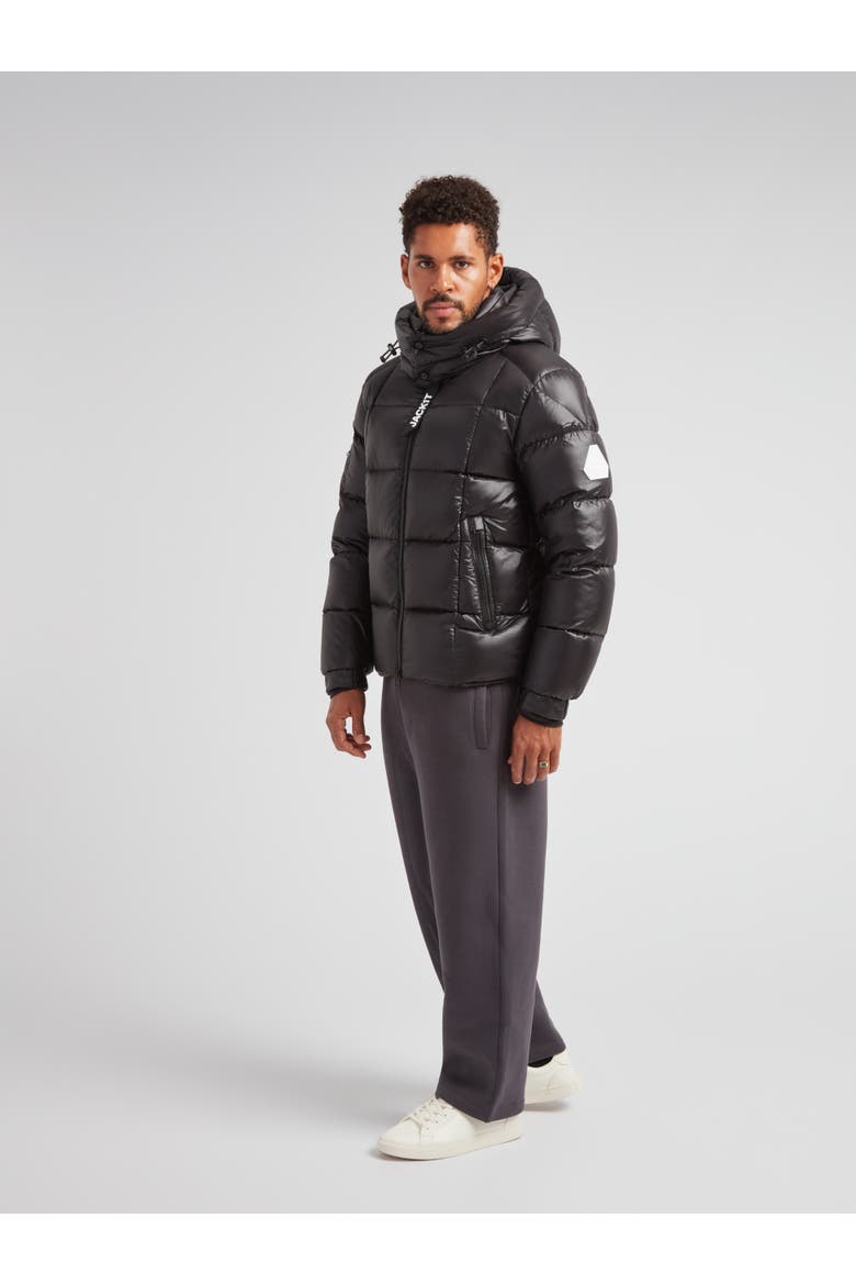 EZ Boxed Hooded Racer Puffer Jacket, Alternate, color, BLACK/BLACK