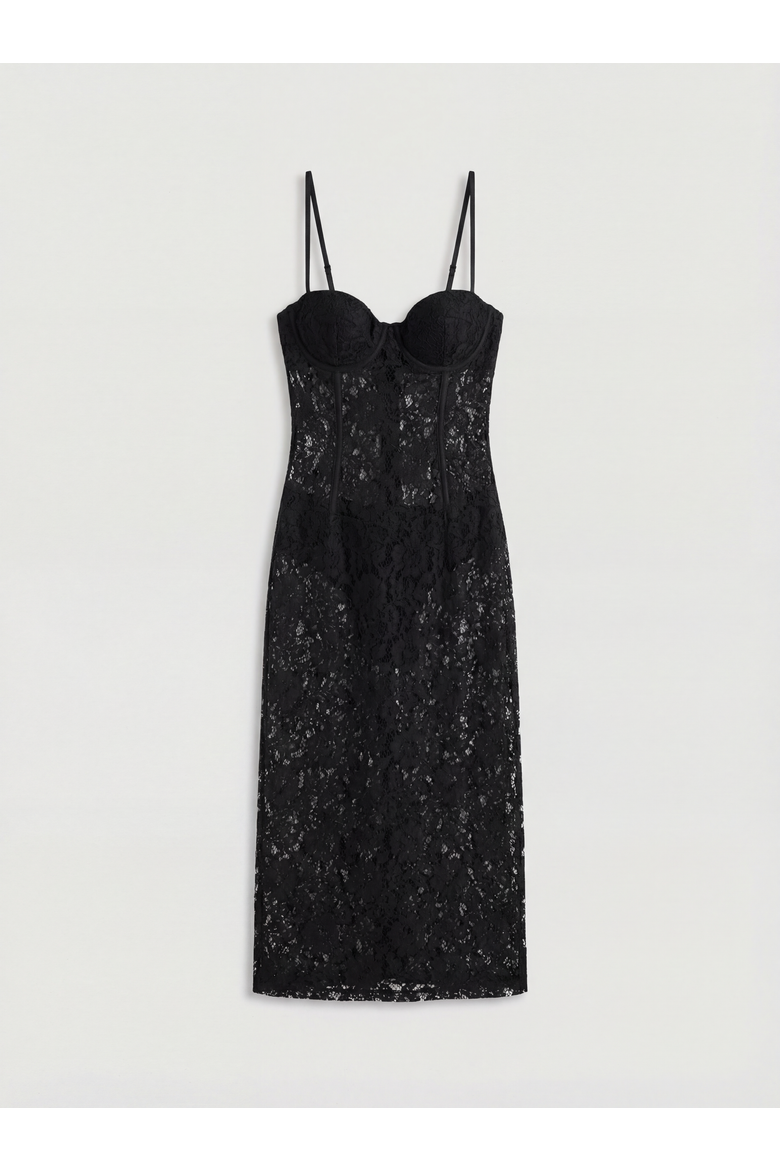 Premium Bustier Corded Lace Midi Dress, Alternate, color, Black