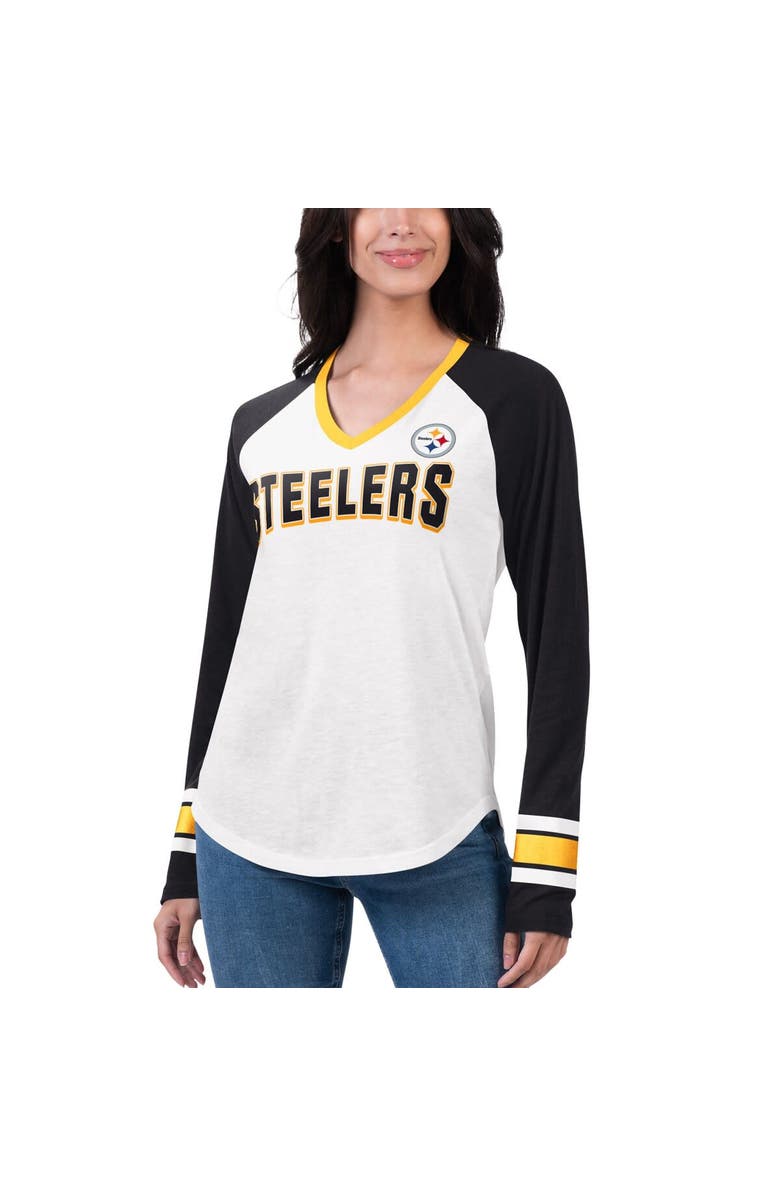 G-III 4HER BY CARL BANKS Women's G-III 4Her by Carl Banks White/Black Pittsburgh Steelers Top Team Raglan V-Neck Long Sleeve T-Shirt, Main, color, 