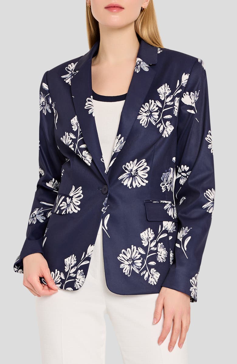 Tahari ASL Floral One-Button Jacket, Main, color, Navy Ivory