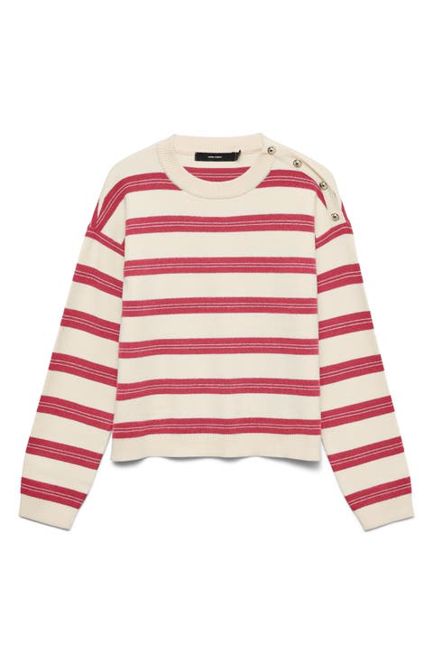 Stripe Button Shoulder Crop Sweater