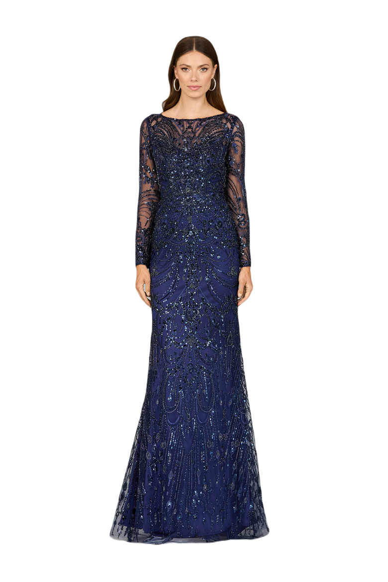 Long Sleeve Lace Gown, Main, color, Navy