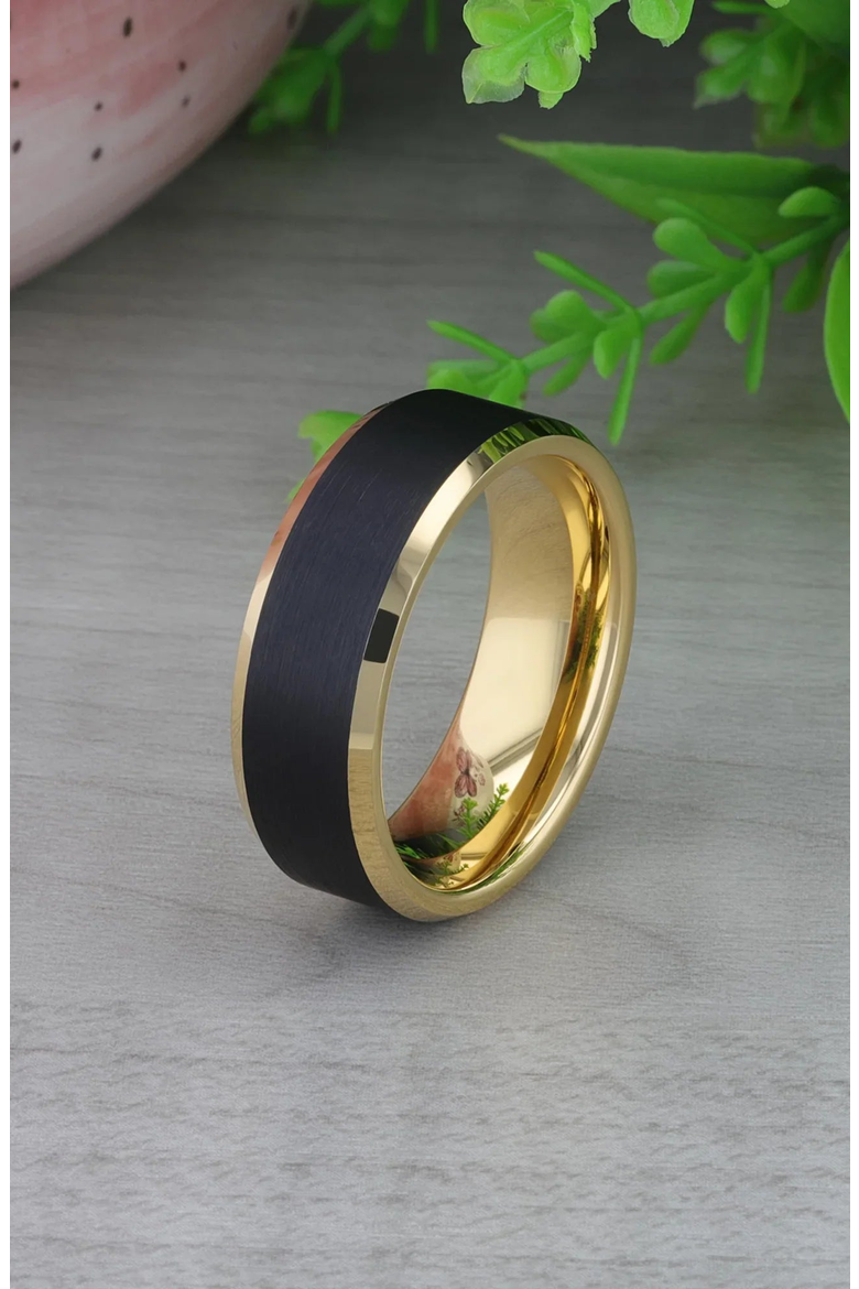 Gaston Tungsten Beveled Ring With Brushed Center, Alternate, color, Black / Gold 8mm