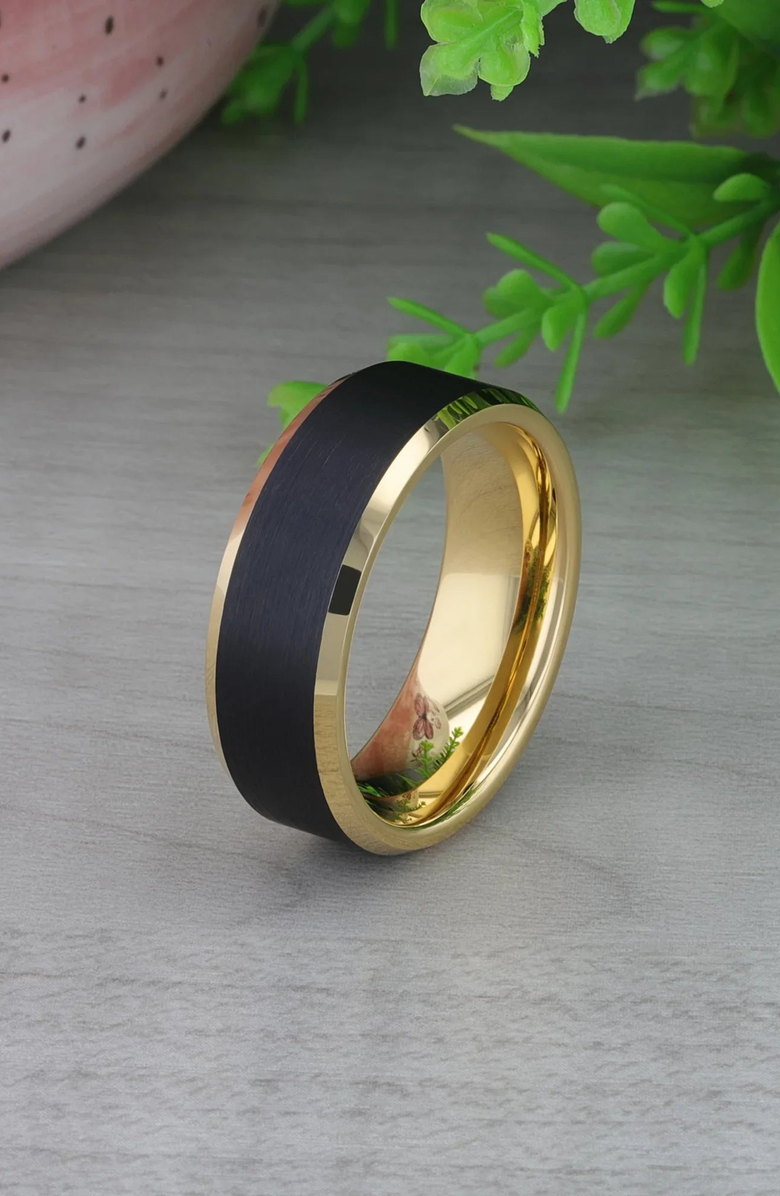 Larson Jewelers Gaston Tungsten Beveled Ring With Brushed Center, Alternate, color, Black / Gold 6Mm
