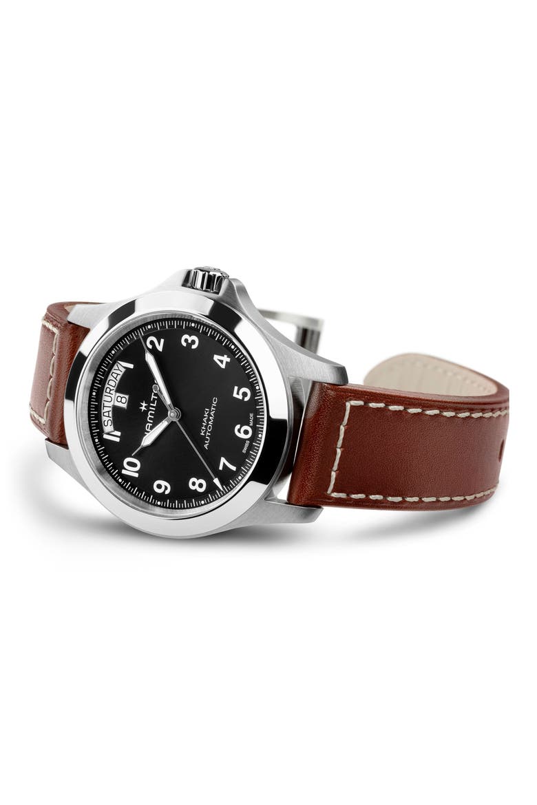 Khaki Field King Automatic Leather Strap Watch, 40mm, Alternate, color, BLACK