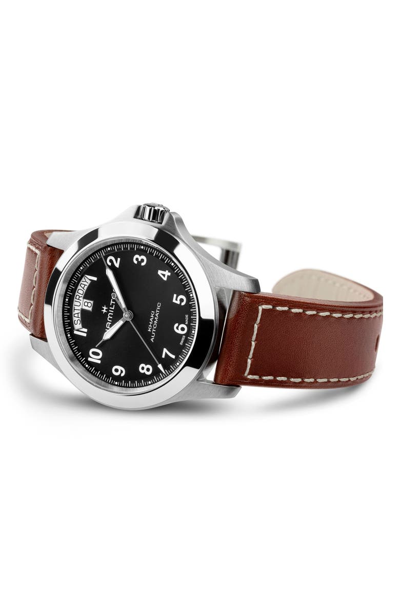 Hamilton Khaki Field Automatic Leather Strap Watch, Alternate, color, Black