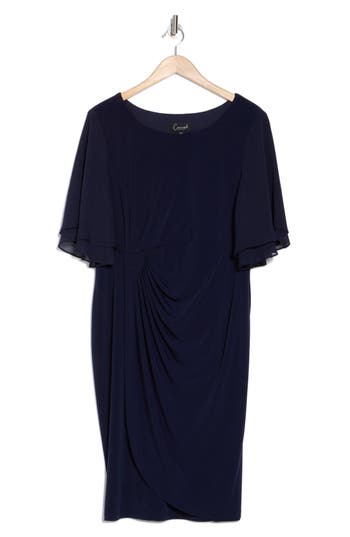 Connected Apparel Double Flutter Sleeve Faux Wrap Dress In Navy