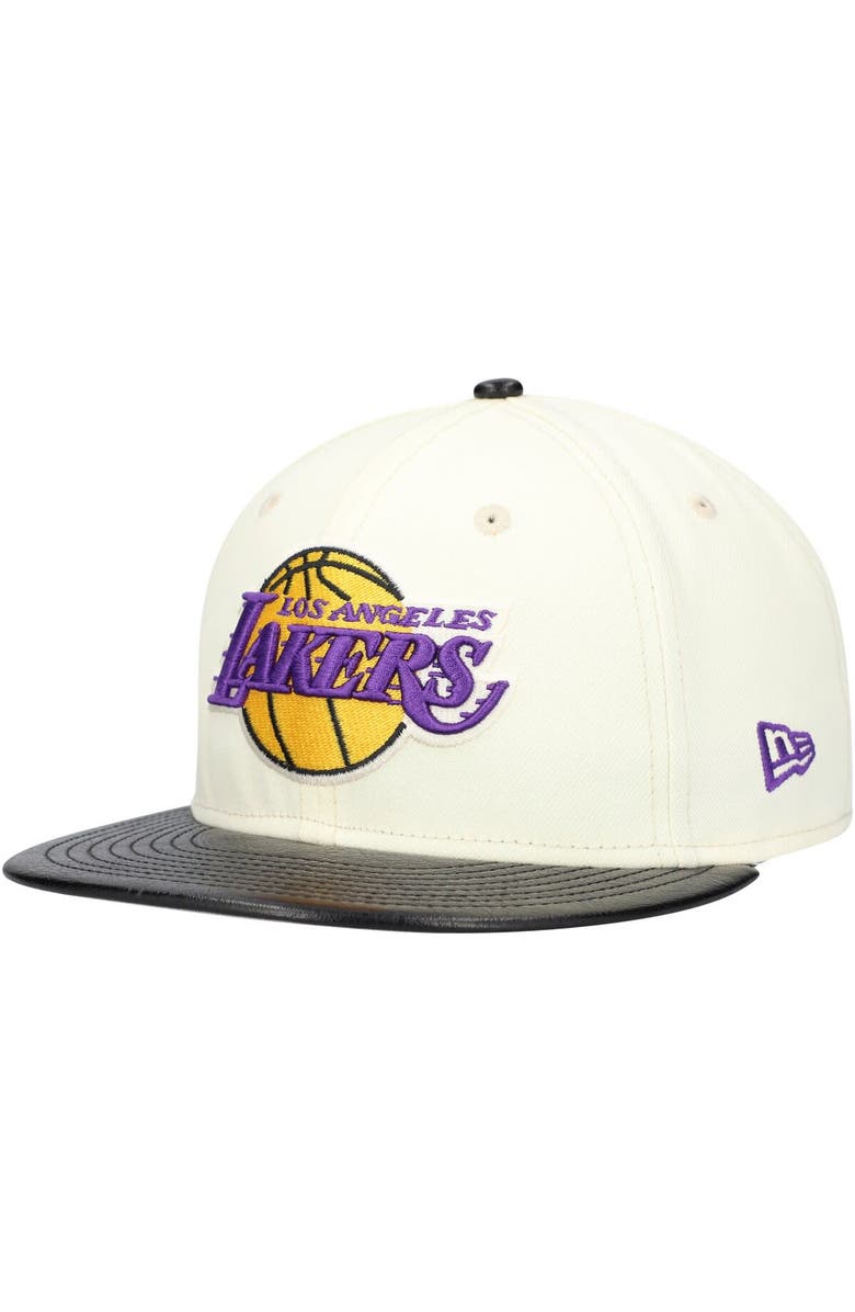 New Era Men's New Era White/Black Los Angeles Lakers Faux Leather Visor Two-Tone 59FIFTY Fitted Hat, Alternate, color, White