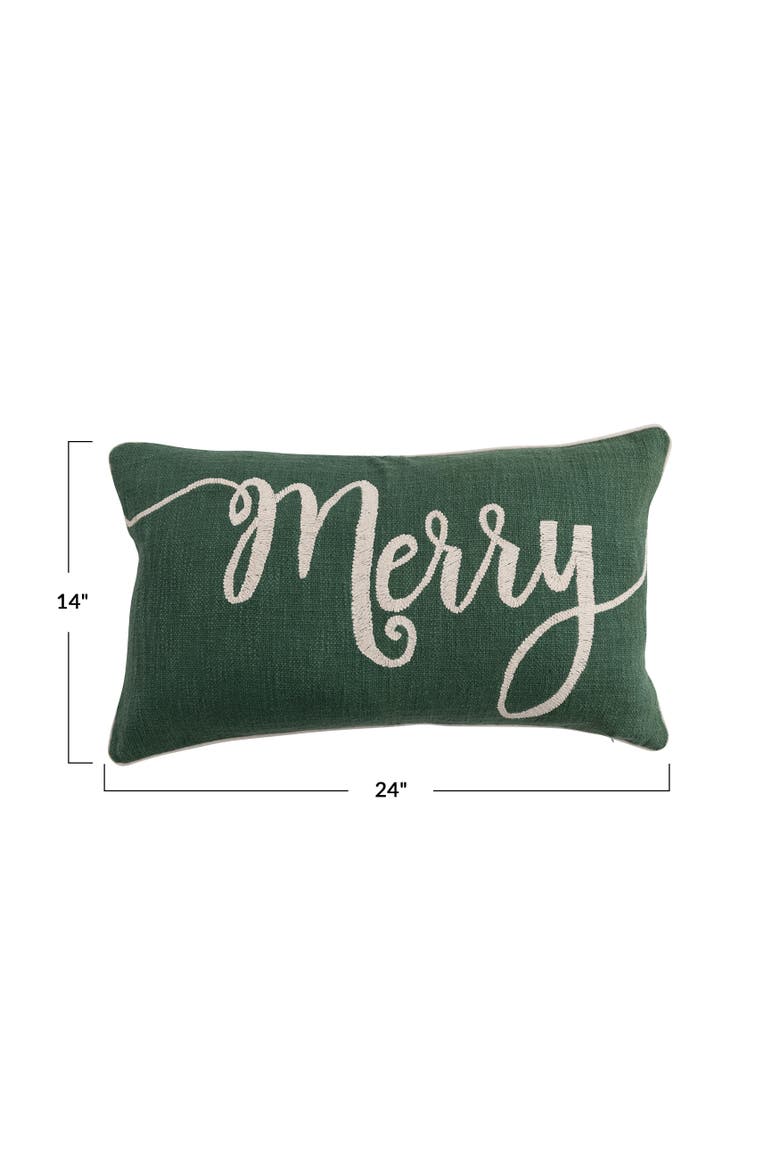 Cotton Slub Lumbar Pillow with Embroidered "Merry", Alternate, color, Green and Natural