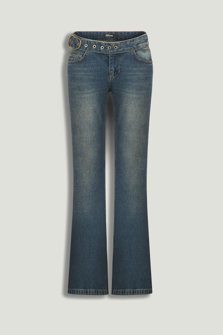 Belted Denim Flare Trousers, Alternate, color, Indigo