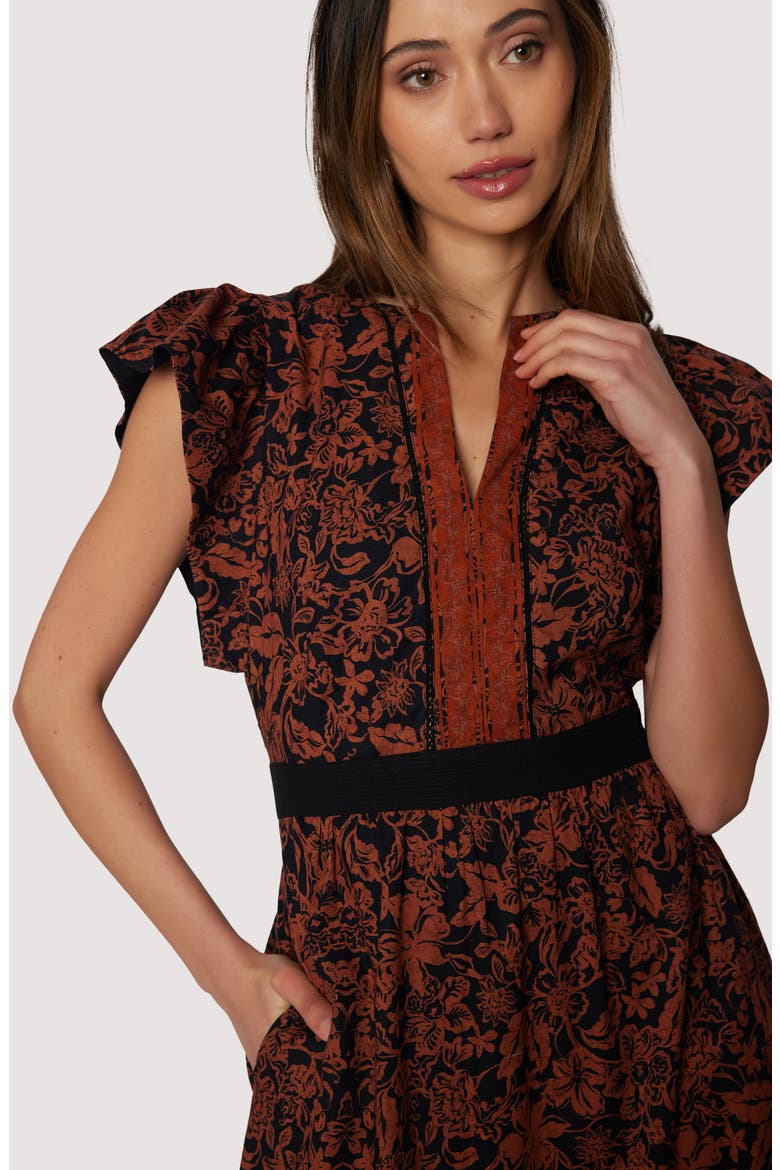 Lady of Siena Floral Cap Sleeve Cotton Midi Dress, Alternate, color, BROWN-FLORAL