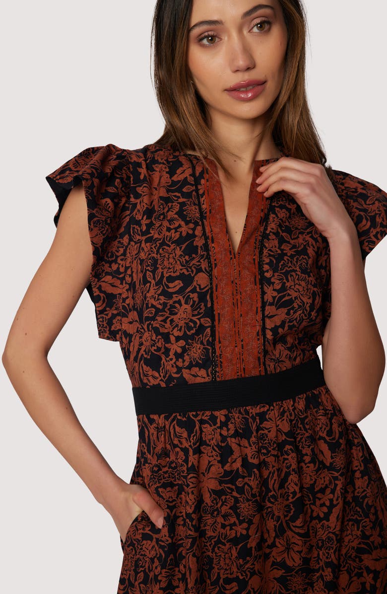 Lost + Wander Lady of Siena Floral Cap Sleeve Cotton Midi Dress, Alternate, color, Brown-Floral