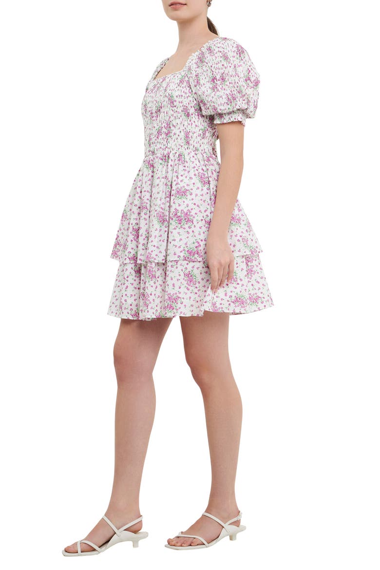 Floral Puff Sleeve Tiered Fit & Flare Minidress, Alternate, color, LILAC