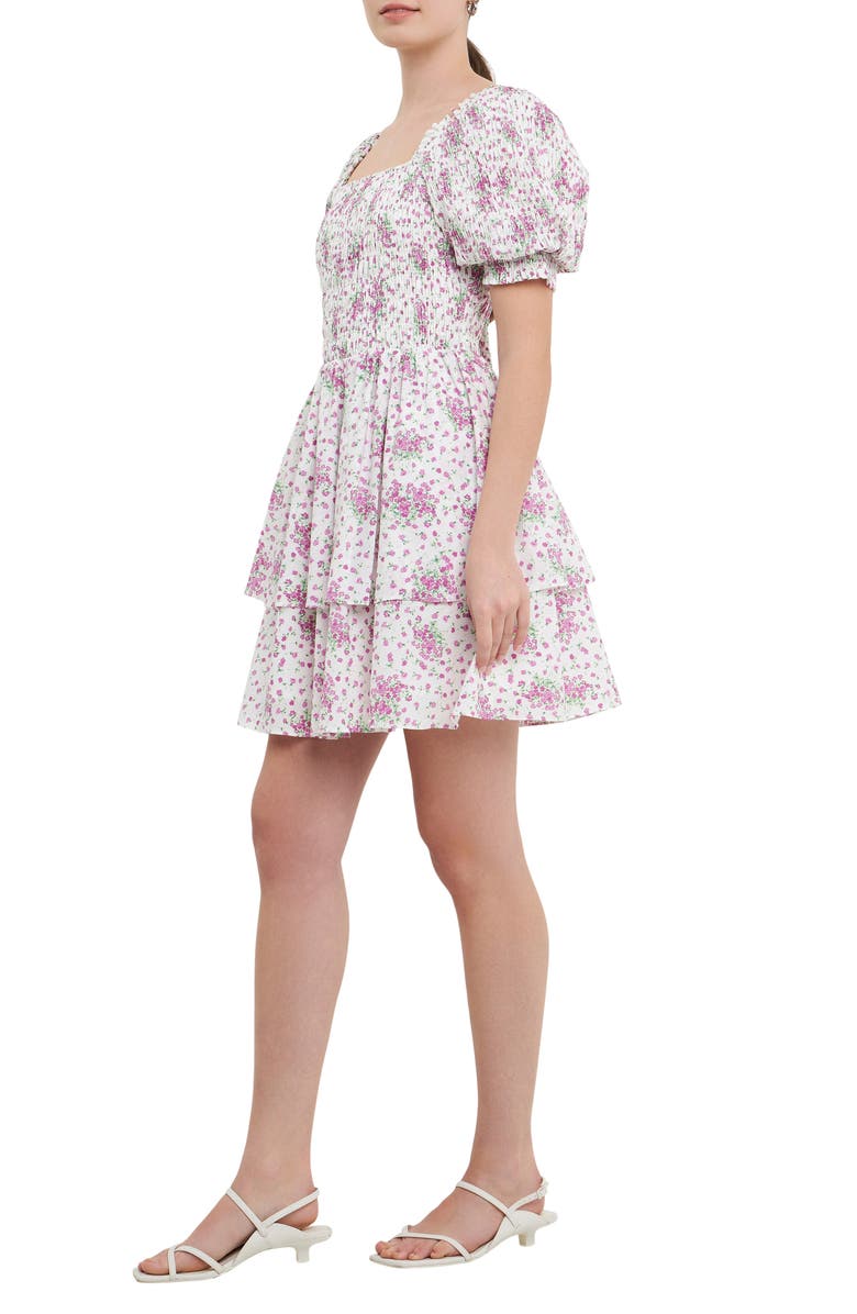 English Factory Floral Puff Sleeve Tiered Fit & Flare Minidress, Alternate, color, 
