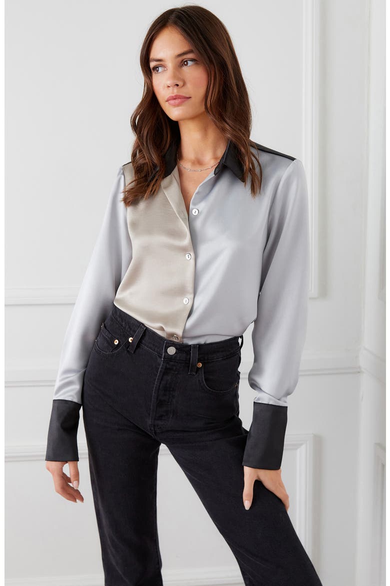 Colorblock Satin Button-Up Shirt, Alternate, color, MIXED COLORS