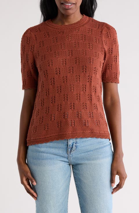 Scalloped Short Sleeve Pointelle Knit Sweater