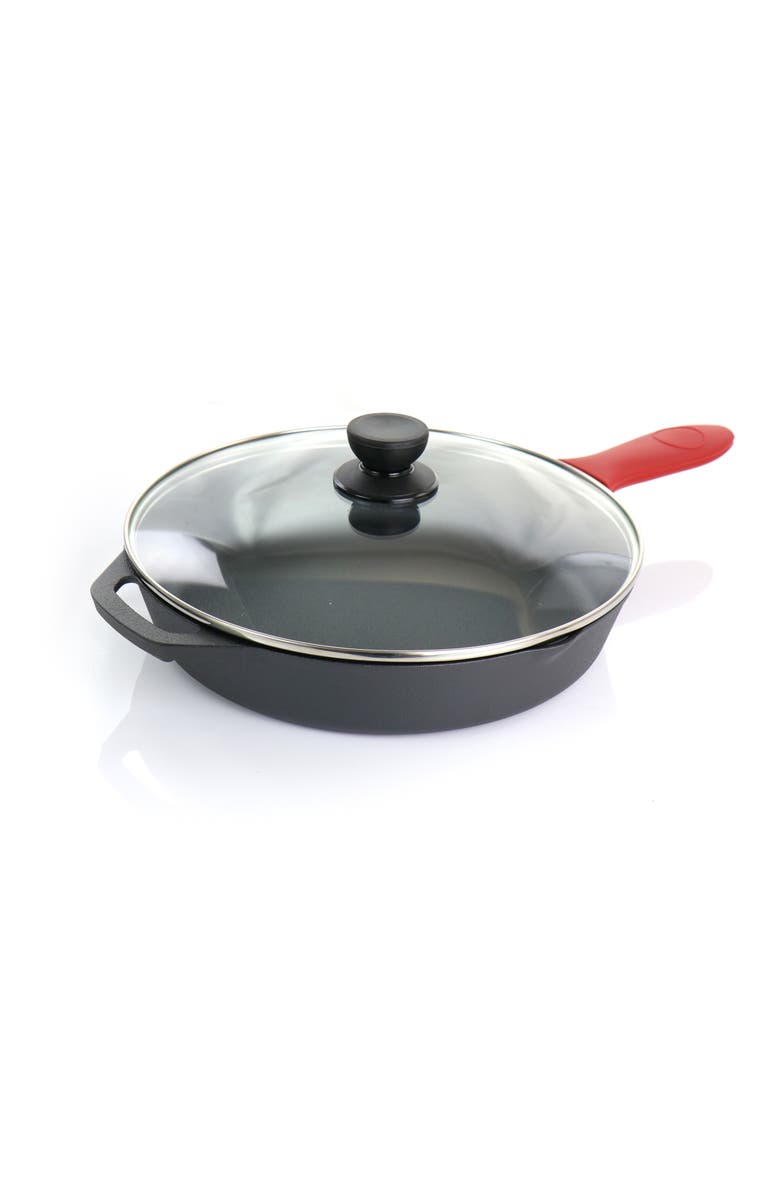 Megachef Pre-Seasoned 9 Piece Cast Iron Skillet Set with Lids and Silicone Holder, Alternate, color, Black