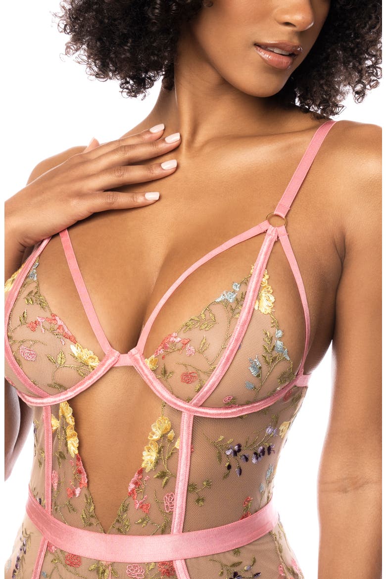 Embroidered Underwire Teddy with Garter Straps, Alternate, color, PINK GARDEN