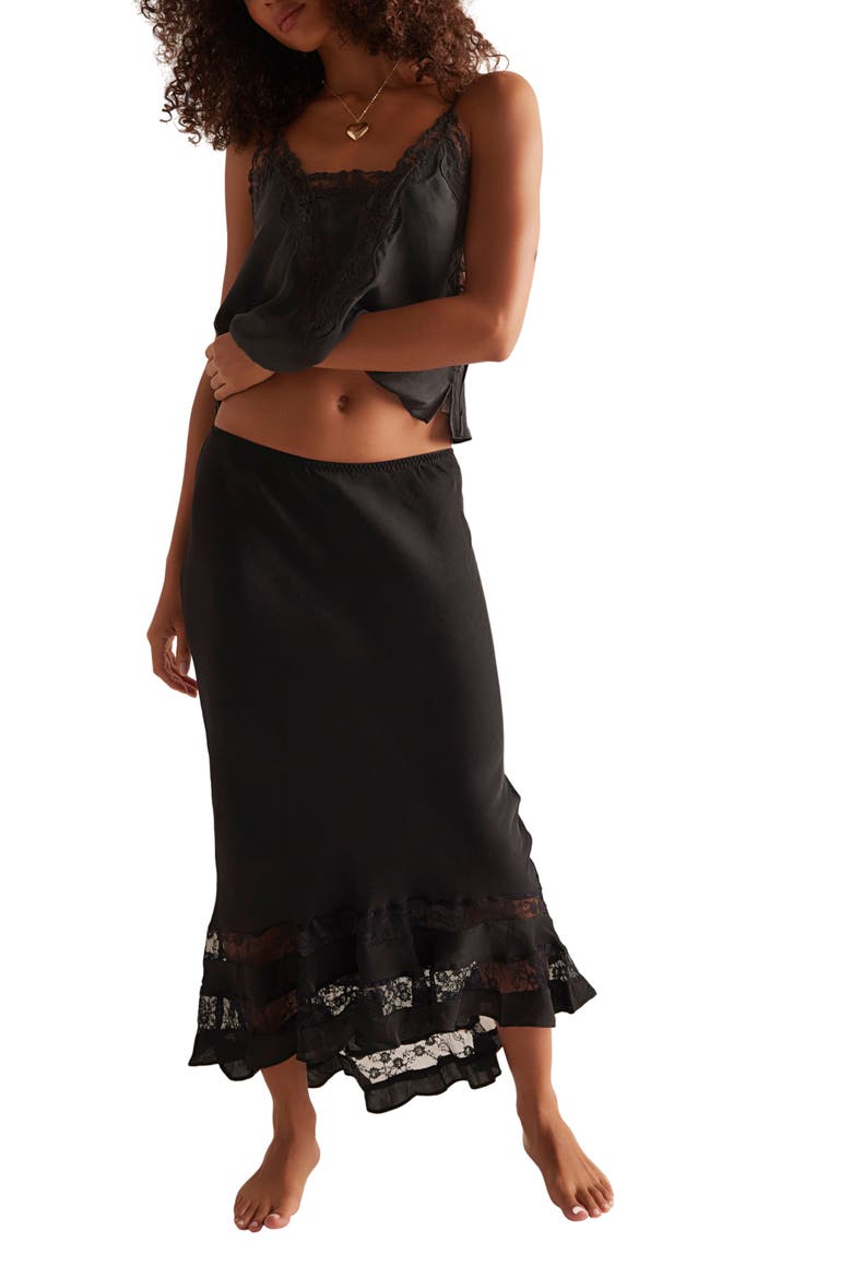Long Lost Lover Lace Detail Satin Slip Skirt, Alternate, color, BLACK