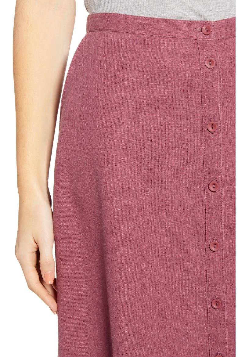 Button Front Linen Blend Midi Skirt, Alternate, color, BURGUNDY CRUSH