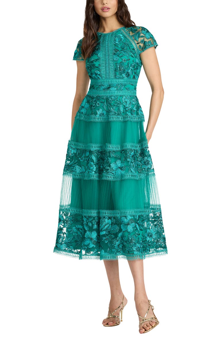 Tadashi Shoji Embroidered Lace Trim Tiered Cocktail Dress, Main, color, Emerald