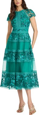 Tadashi Shoji Embroidered Lace Trim Tiered Cocktail Dress