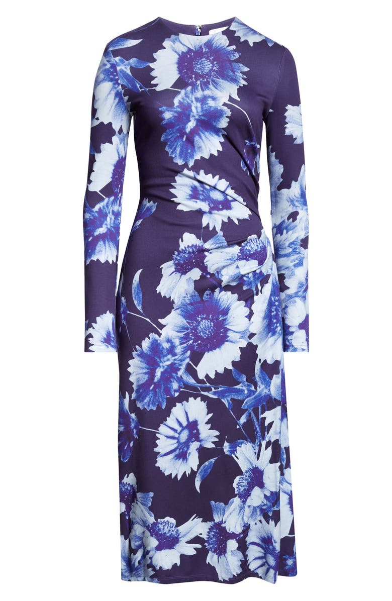 Erdem Troubridge Floral Draped Long Sleeve Ponte Jersey Midi Dress, Alternate, color, Floral Indigo
