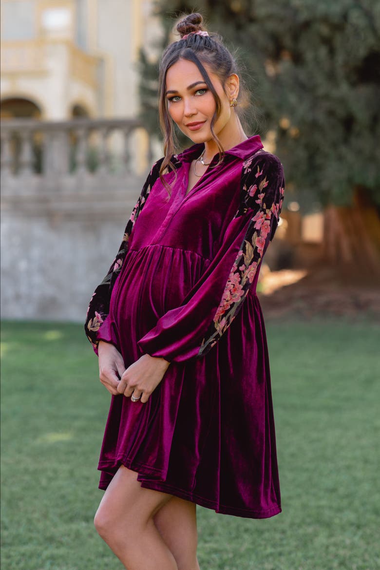 Velvet Floral Long Sleeve Dress, Alternate, color, Plum